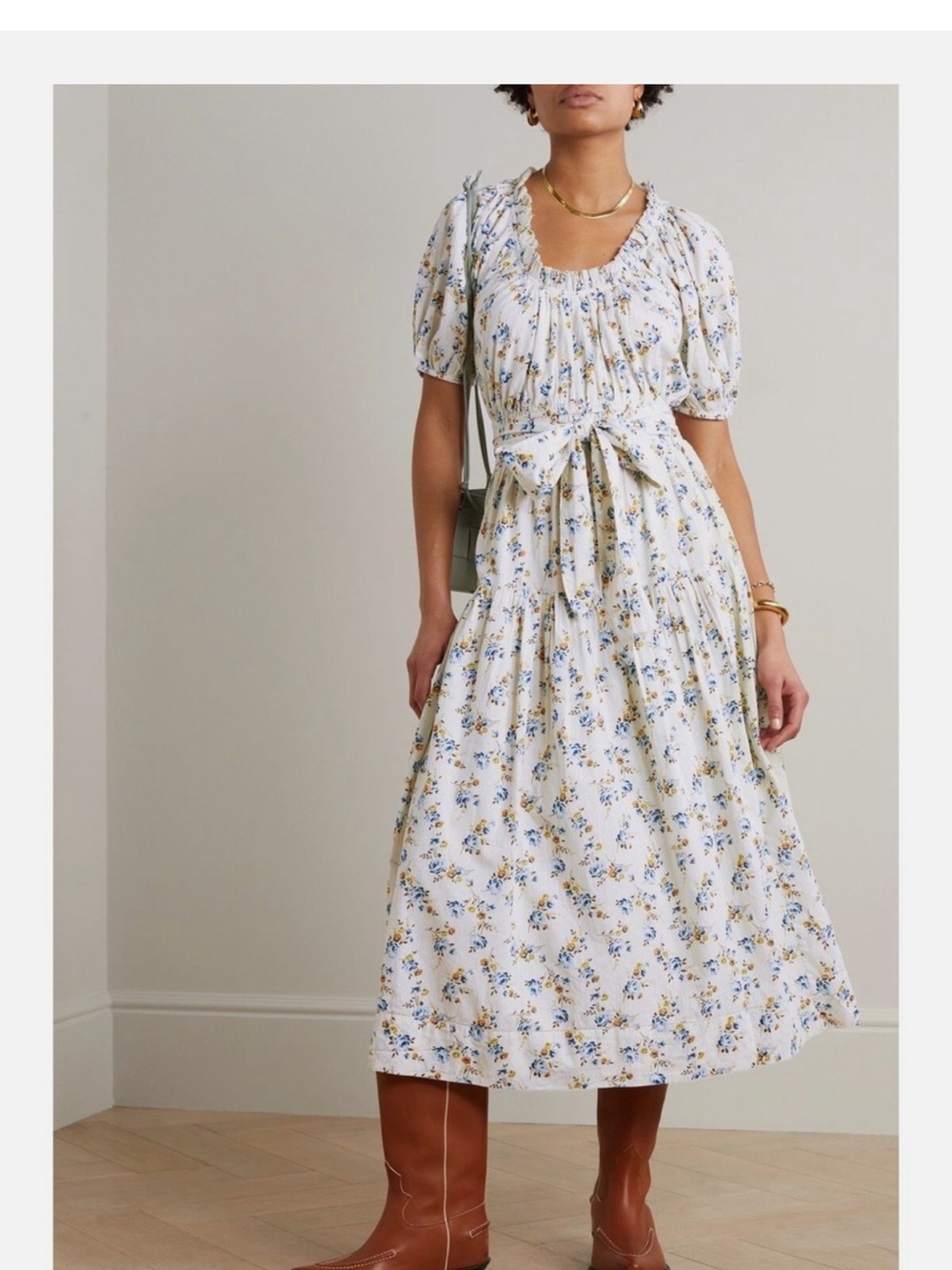 THE GREAT Moonstone Belted Tiered Floral Midi Dress